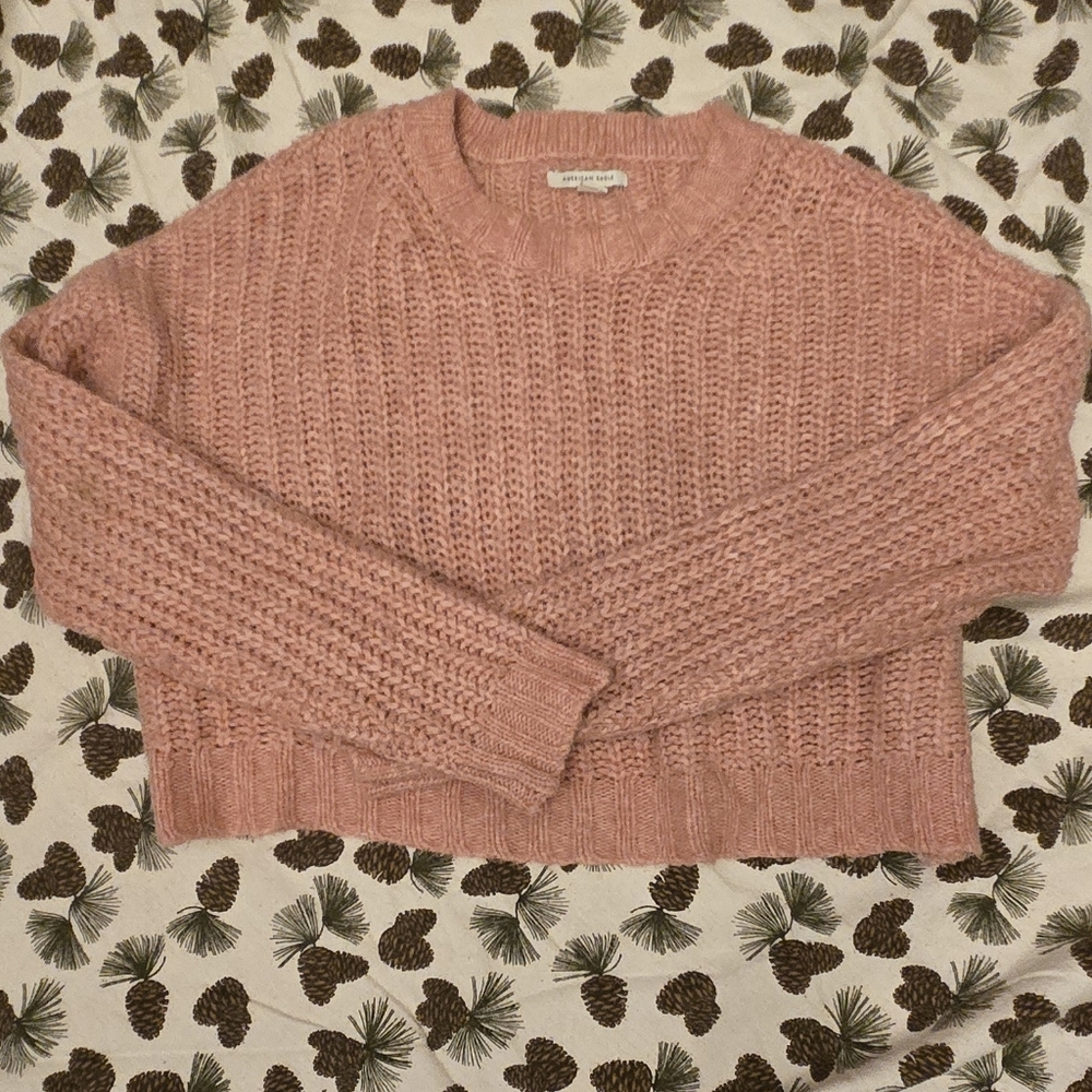 American Eagle Womens Knit Crochet Pink Crewneck Sweater